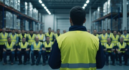 Male project leader in high visibility vest addressing a group of warehouse workers in a logistics center.