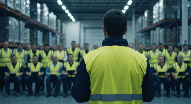Male project leader in high visibility vest addressing a group of warehouse workers in a logistics center.