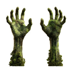 Mysterious Earthly Hands: Two textured hands covered in rich green moss reaching upwards, evoking a sense of nature's power and the mystery of the earth.