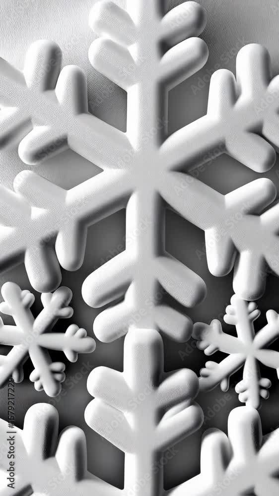 Poster monochromatic composition displaying multiple white snowflake shapes with uniform depth and subtle s