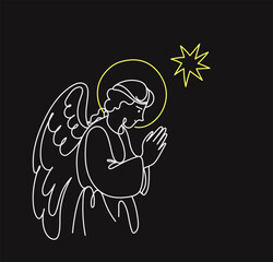 Angel with halo in prayer gesture, divine being with wings looking down, religious concept for Christmas and holiday graphic. Vector line art hand drawn  illustration.