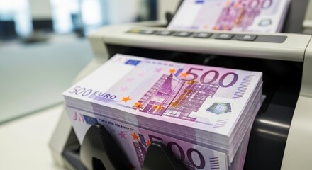 Large stack of 500 euro banknotes being counted by a modern currency machine