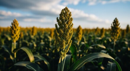 Close up of a vibrant green sorghum plant with golden grain head in a vast field
