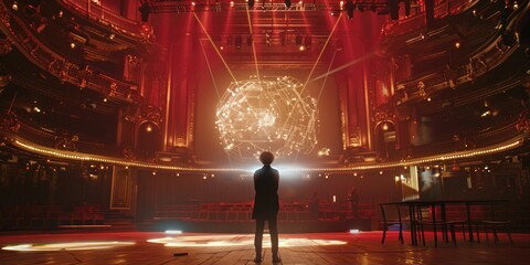 A theater set designer in a grand theater with an AI assistant as a holographic set model with a human-like interface providing design feedback. AIG60