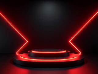 A neonlit stage with a geometric backdrop sets a modern scene for product promotion