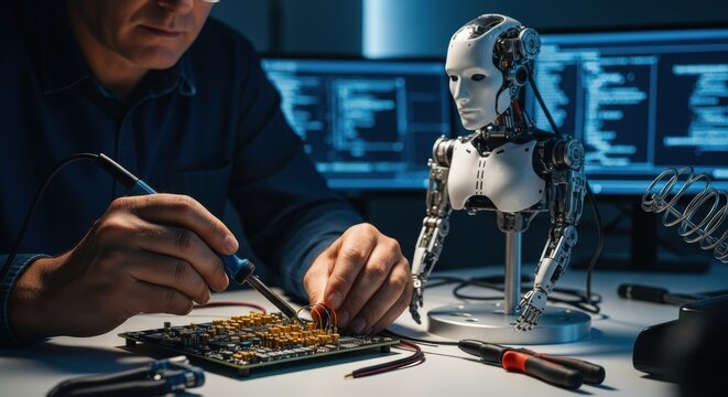 Robotics engineer soldering circuit board for humanoid robot in technology lab