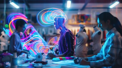 Obraz premium A digital AI figure of swirling light patterns assists a fashion designer in a studio, projecting holographic fabric designs and color palettes. Bright, even lighting enhances the vibrant atmosphere