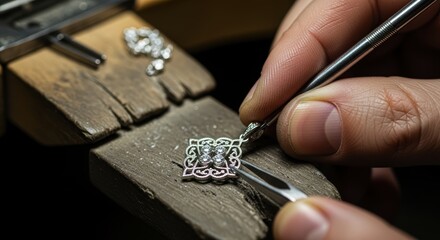 Professional jeweler setting precious stones into an intricate silver pendant design.