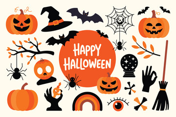 Happy Halloween Boho Abstract Clip Art Set with Mystical Magic Symbols, Hand Drawn Aesthetic Doodles, Creative Bohemian Style, and Contemporary Vector Elements for Seasonal Design.