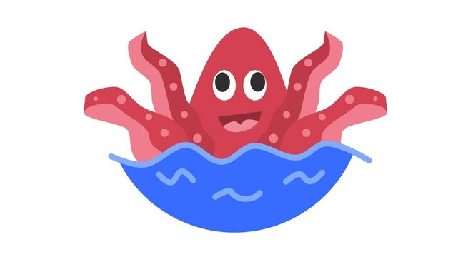 A cute octopus is swimming in the water in a cartoon animation. Smiling aquatic animal icon. Ocean life creature character. Alpha channel. Seamless looping.