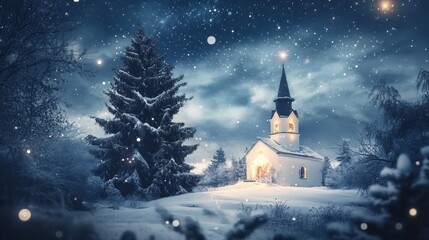 Fototapeta premium Serene winter landscape with illuminated church and starry night scene