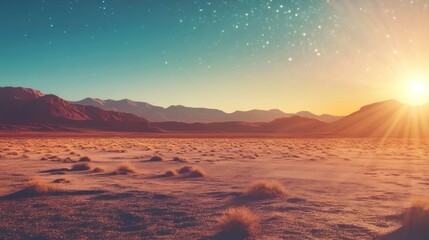 Naklejka premium Expanse of a mystical desert landscape bathed in ethereal, otherworldly sunlight