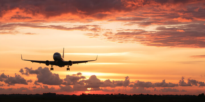 An airplane approaches for landing as the sun sets in the background, painting the sky in brilliant hues of orange and purple, casting silhouettes on the clouds - Powered by Adobe