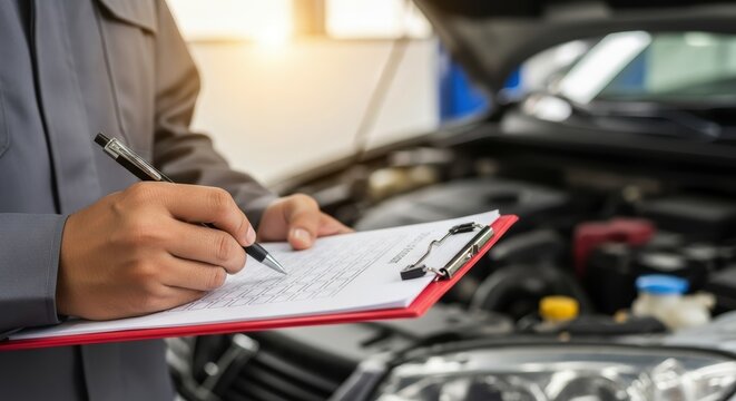 Professional auto mechanic writing on a clipboard checklist during car maintenance
