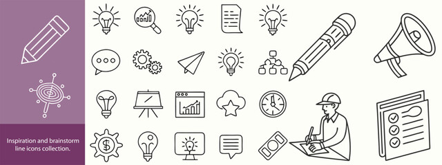 Inspiration and brainstorm line icons collection