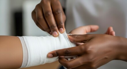 Obraz premium Close-up of hands applying a bandage to a wrist