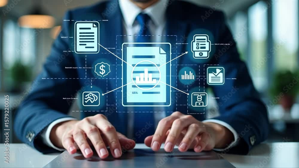 Poster a person in a business suit working on a laptop with virtual icons related to invoicing, including a