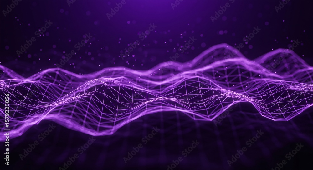 Poster abstract purple mesh network with wavy surface and floating particles on a dark background