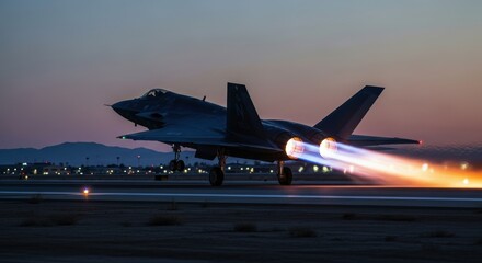 Stealth fighter jet taking off from desert airbase at dusk with glowing afterburners