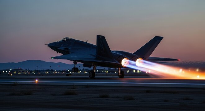 Stealth fighter jet taking off from desert airbase at dusk with glowing afterburners - Powered by Adobe