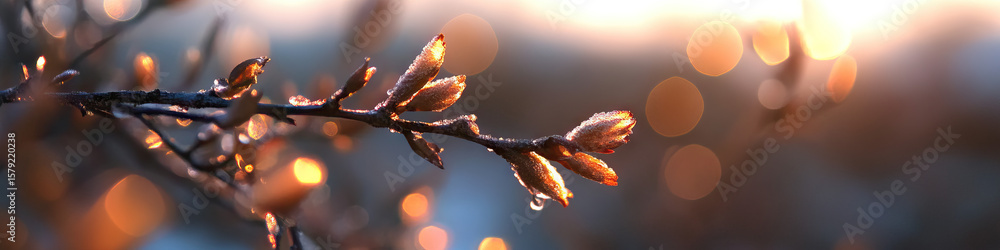 Poster frost-covered branch with buds and bokeh background