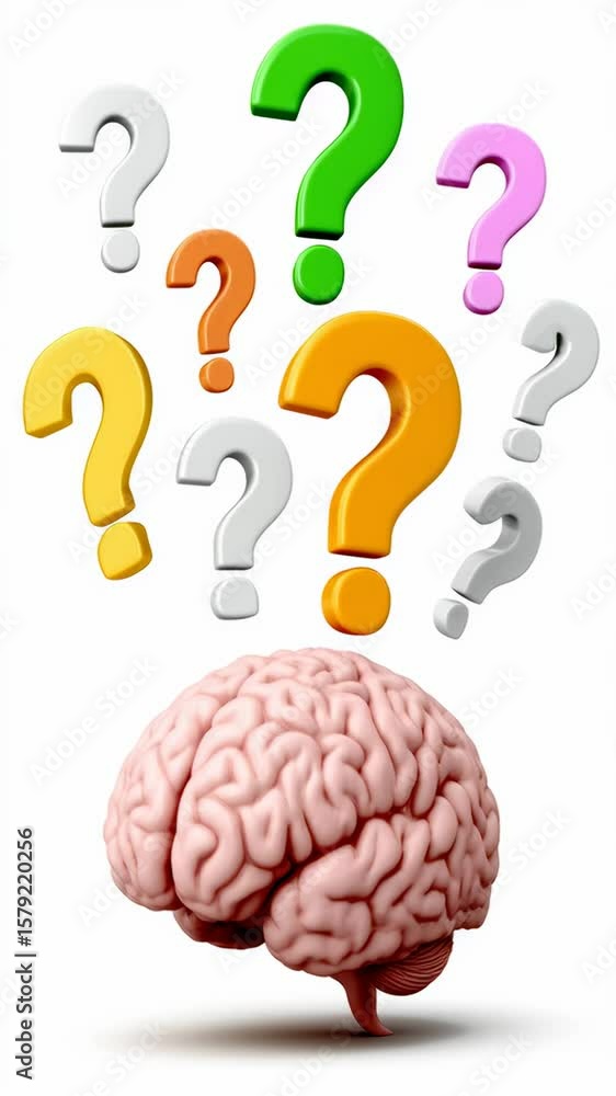 Aufkleber brainstorming: conceptual artwork showcasing a human brain and colorful question marks rising from i