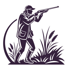 Silhouette reveals an armed hunter aiming his firearm amidst tall reeds, showcasing hunting's intensity