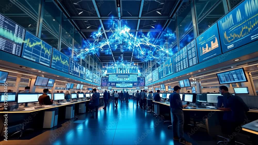 Poster large room with many people working on computers. the room is filled with monitors and the people ar