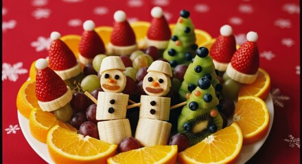 Obraz premium Festive christmas fruit platter with strawberry santa hats, banana snowmen, and kiwi trees