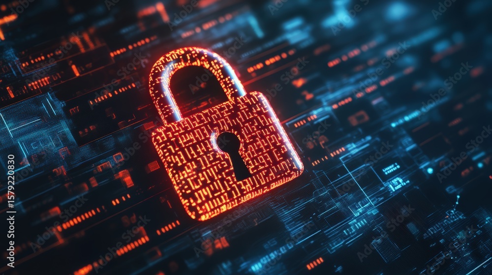 Poster digital security concept with illuminated padlock symbol on futuristic technology background