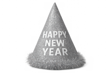 Festive silver party hat featuring celebratory happy new year text against transparent backdrop