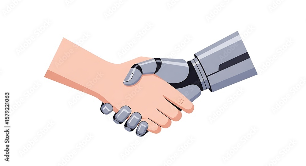 Poster human and robot collaboration handshake symbolizing technological integration and progress