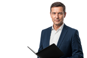 Senior manager in a suit holding an open folder, ideal for professional, corporate, and business concepts