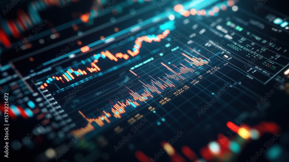 Poster digital financial chart with stock market data and trend graph showing investment analysis