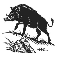 Silhouette shows a fierce wild boar walking through tall grass in black and white