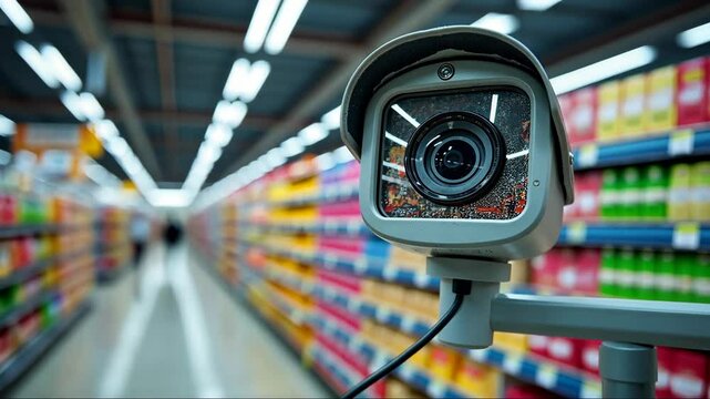 Security camera is installed in a store, capturing footage of the aisles and customers. The camera is focused on a person walking down the aisle, possibly shopping for groceries
