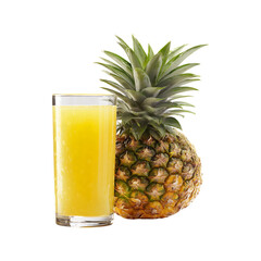 Freshly squeezed pineapple juice in a glass next to a whole ripe pineapple isolated on transparent background