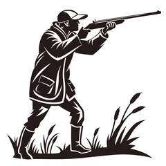 Silhouette of a man aiming rifle while standing amidst the grasses, rendered as a monochrome vector