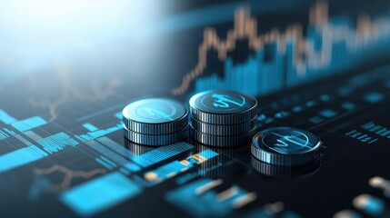 Close up of stacked coins with financial charts and graphs on digital screen representing investment growth and market analysis