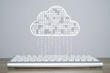A digital cloud icon hovers above a keyboard, with binary code cascading down, symbolizing cloud...