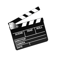Fototapeta premium Film clapperboard on black background for movie production and filmmaking industry concept ad