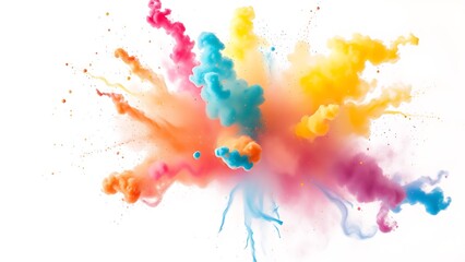 Fototapeta premium Vibrant explosion of colored powder mid-air, capturing the festive spirit of Holi against a white background.