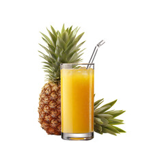 Refreshing glass of cold pineapple juice with ice and a straw next to a whole pineapple and its leaves isolated on transparent background