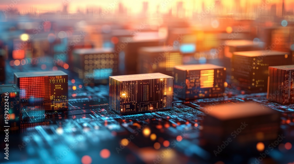 Poster high tech circuit board with integrated microchips and electronic components illuminated in vibrant 