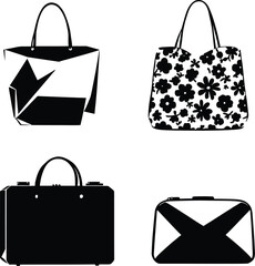 Minimalist Silhouettes of Functional Bags Featuring Geometric Grid Tote, Floral Handbag, Travel Suitcase, and Abstract Patterned Accessory in Decorative Composition Celebrating Utility and Personal St