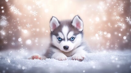 Obraz premium Adorable husky puppy in snow