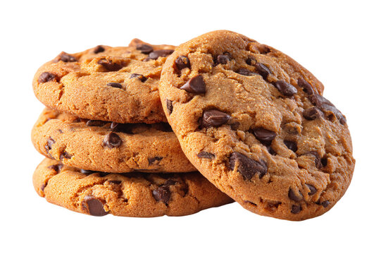 Chocolate chip cookies stacked on transparent background