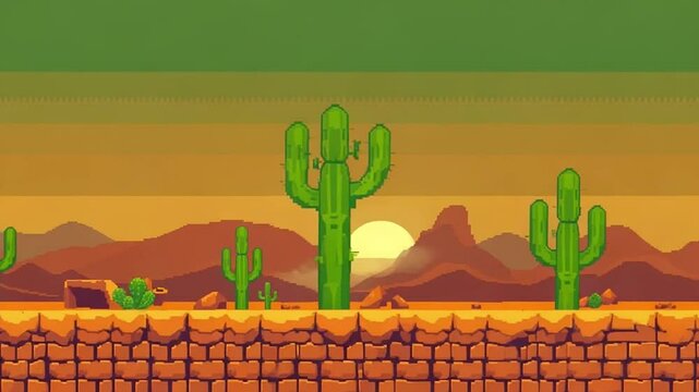 8 bit 2D Video Game Background. 8-bit Pixel Art Retro Platformer Game Scene. Pixel Art Desert Sunset Landscape:  Cactus, Mountains, and a Brick Wall, Video Game Animation