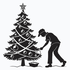Silhouette shows person decorating festive Christmas tree with ornaments and lights on transparent background