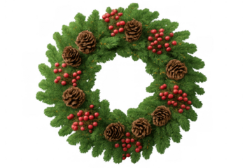 Festive pine wreath featuring textured cones, vibrant red berries, hanging against clean transparent backdrop for seasonal decor